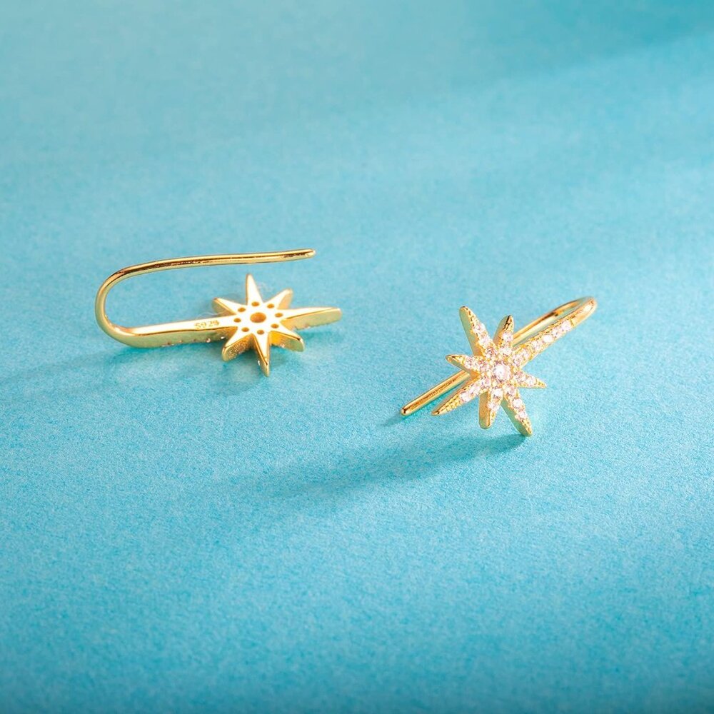 Solid 925 Sterling Silver Sparkling Star Drop Ear… - image 3